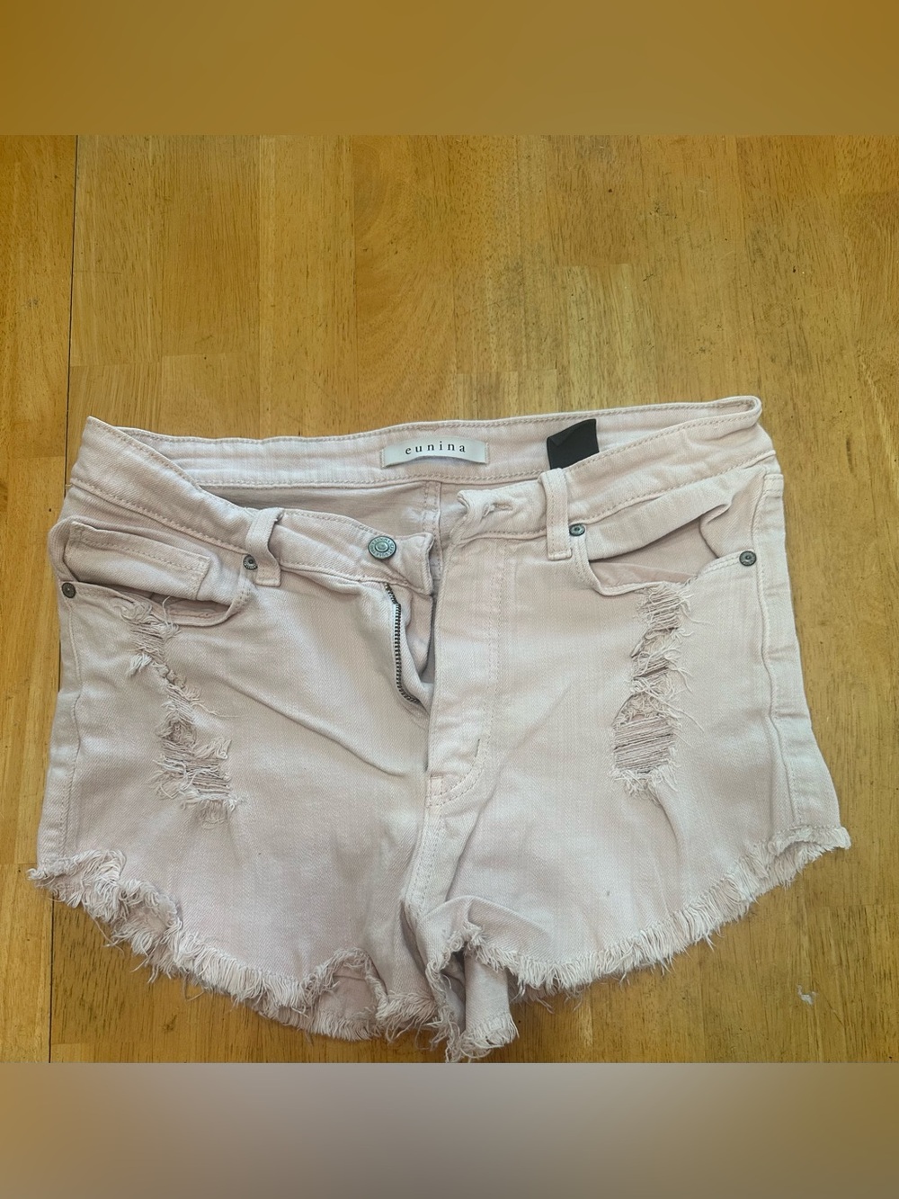 eunina Light Pink Distressed Denim Shorts